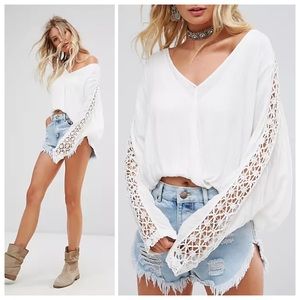 Free People Runaway Crochet Lace Sleeve Blouse Top